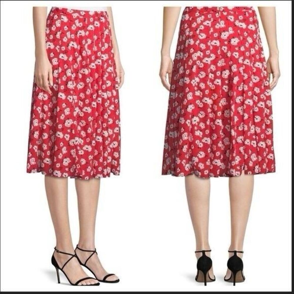 KARL Lagerfeld Floral-Print Pleated A-Line Skirt‎ Size 10 Red